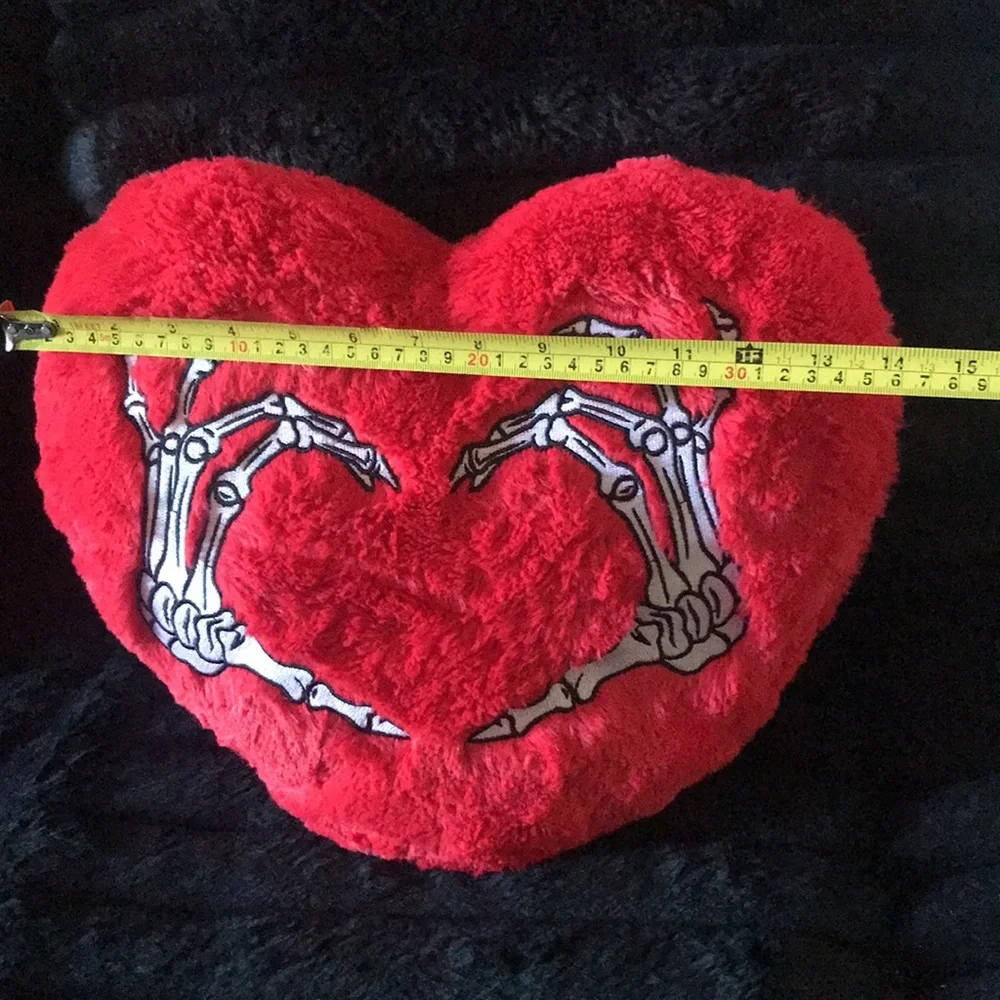 Plush Red Heart Pillow with Skeleton Hand Design - Home Holiday